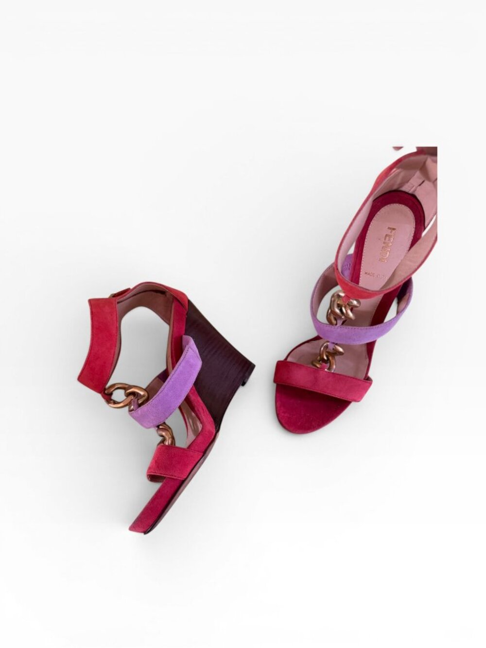 Fendi Colorblock Suede Chain Link Wedge Sandals